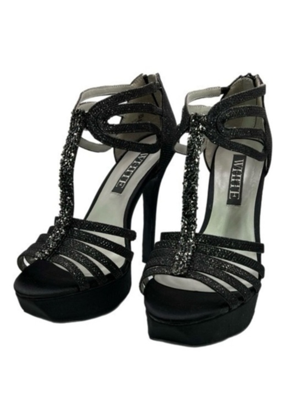 Vera Wang White | Black Caged Mebony T Strap Rhinestone Sandal Heel New In Box